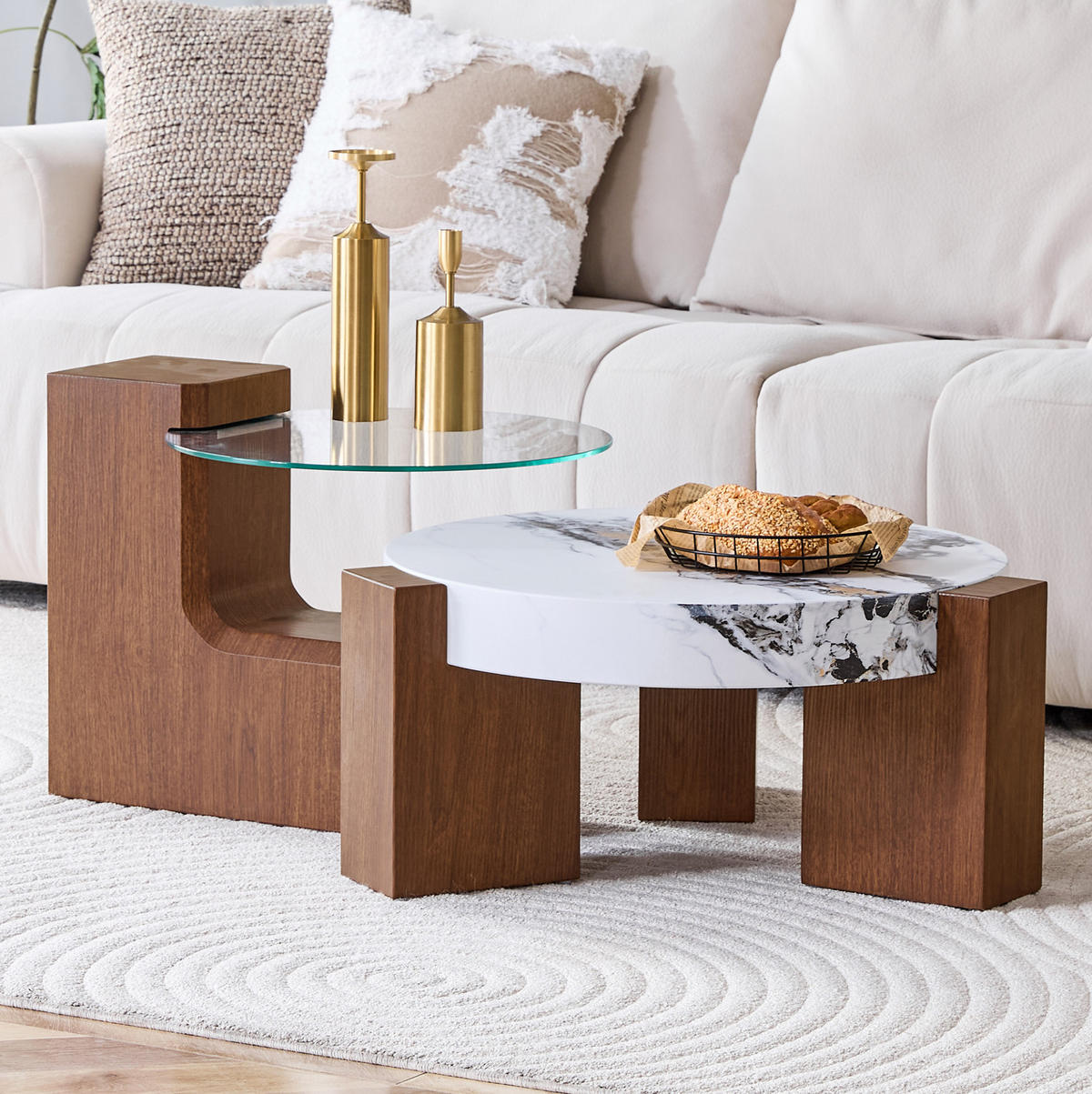 COUCHTISCH rund 61/44 cm in Nussbaumoptik/Weiß aus MDF und Sicherheitsglas mit Stauraum - Nussbaumfarben, Holzwerkstoff (61/61/30cm) - OKMYHOME