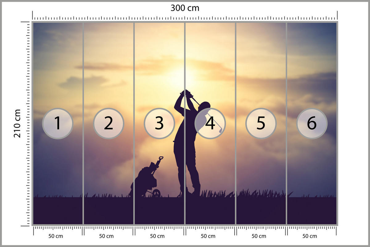 FOTOTAPETE für Jugendzimmer Golfer Sonnenuntergang Silhouette Sport 300x210 - Gelb/Violett, Papier (300/210cm) - Muralo
