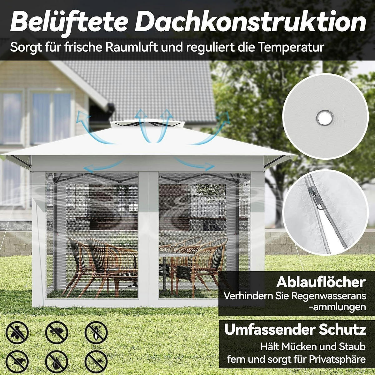 GARTENPAVILLON 400 x 400 cm faltbar mit Netzseitenwänden weiß - Weiß, Kunststoff (400/275/400cm)