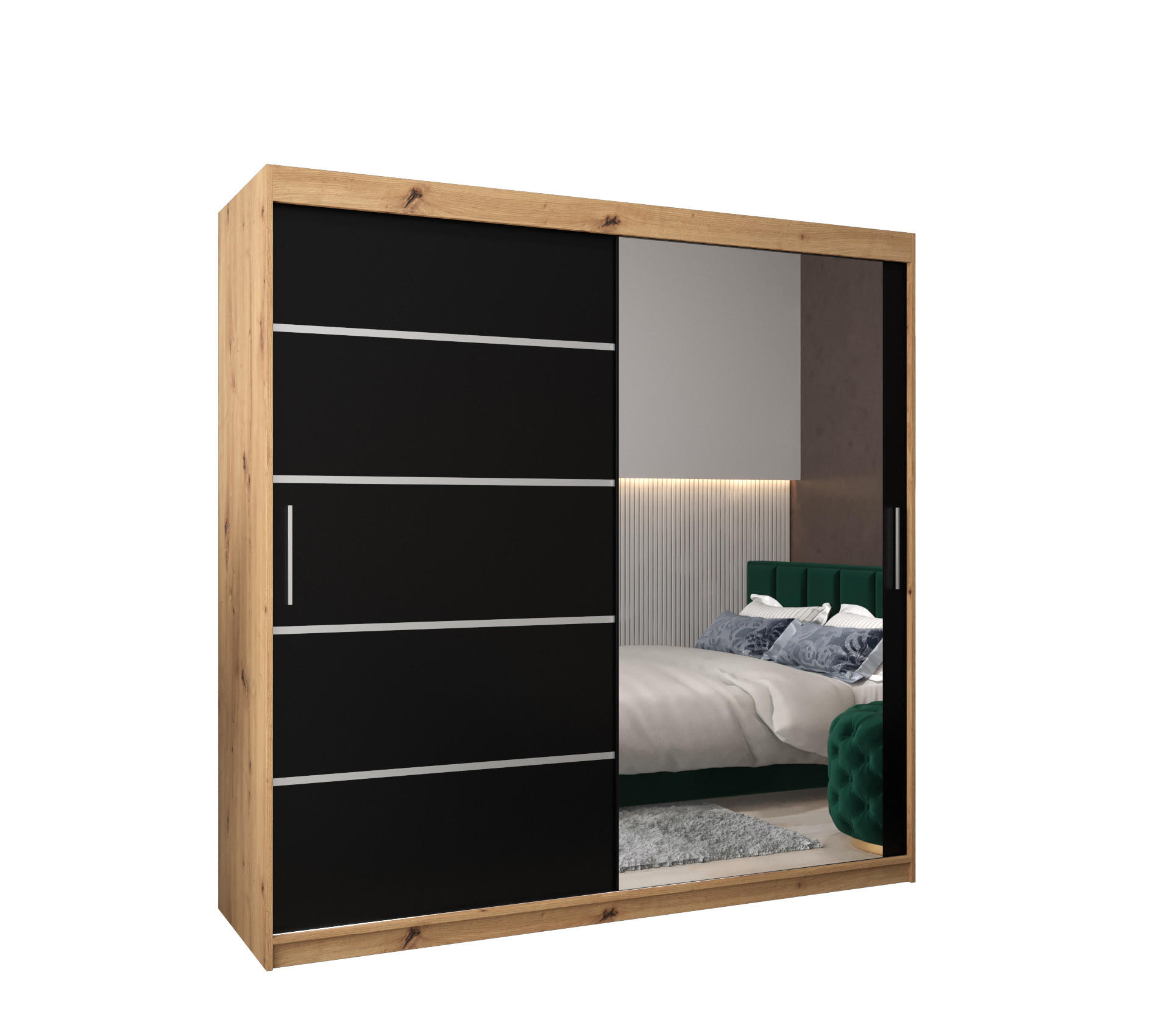 Möbel Kryspol Schwebetürenschrank Eiche Artisan, Schwarz, Silber 200x200x62 cm