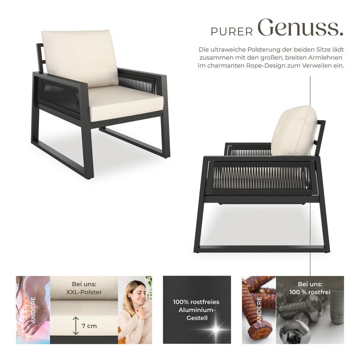 GARTENLOUNGE-SET Captive,höhenverstellbare Füße,anthrazit - Anthrazit, Kunststoff/Metall - tectake