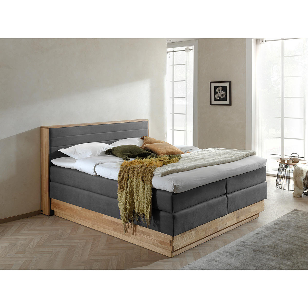 BOXSPRINGBETT - Massivholz / Textil / Teilmassivholz - Grau, Holz/Textil (180/200cm) - home24