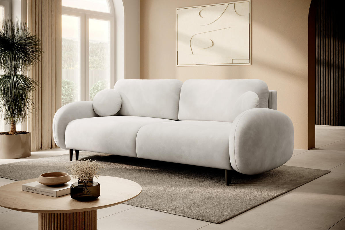 SOFA SOFT RunAgin Mit Schlaffunktion Und Bettkasten, PUR-Schaum, Schwarze Kunststofffüße, lose Rückenkissen, freistehend, 232x109x95 cm White - Weiß, Holz/Textil (232/95/109cm) - DomoHome