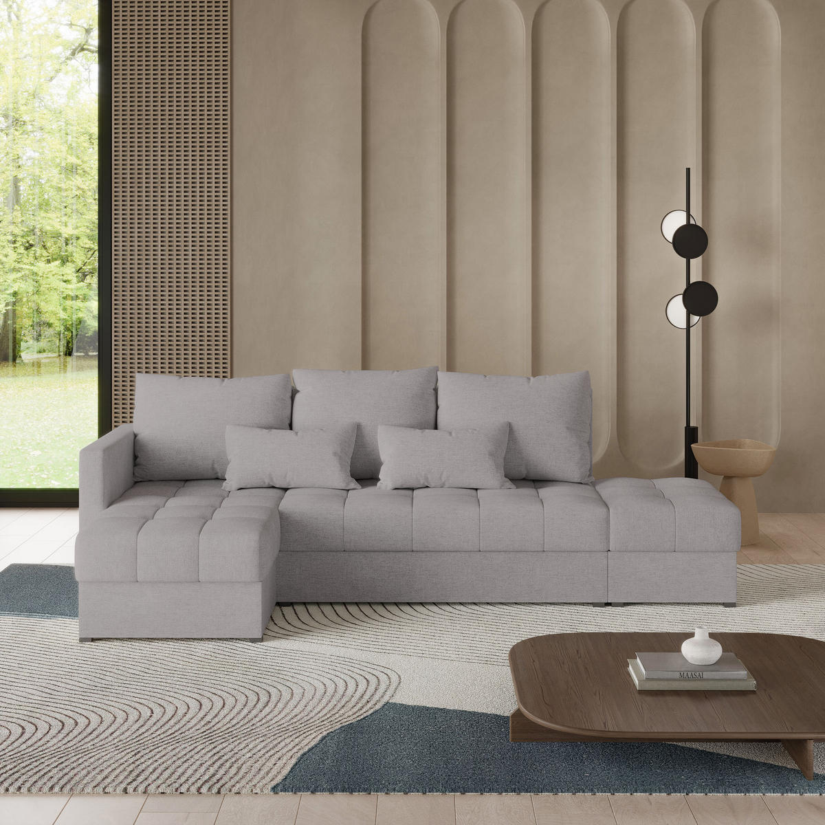 ECKSOFA LUMARI L-S Hellgrau Plüsch-Stoff mit Schlaffunktion - Hellgrau, Holz (262/143cm) - MASSENO