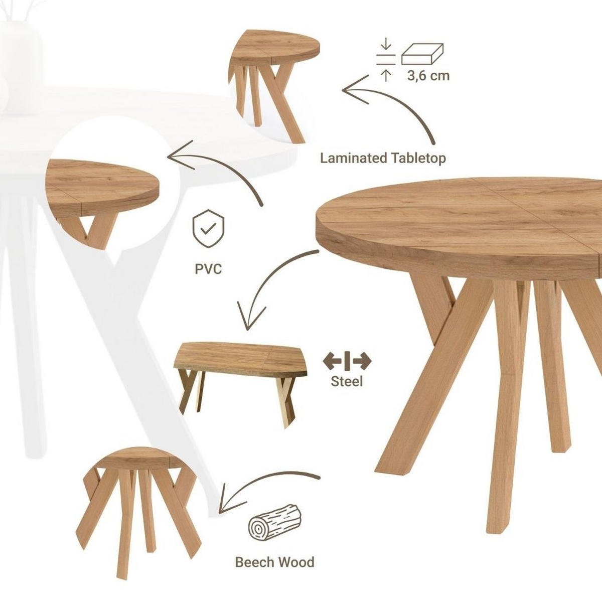 ESSTISCH Runder Ausziehbarer PERO 100/150, Eiche Lefkas - Dunkelbraun, Holz (150/100/77cm) - Dekori_Interiors