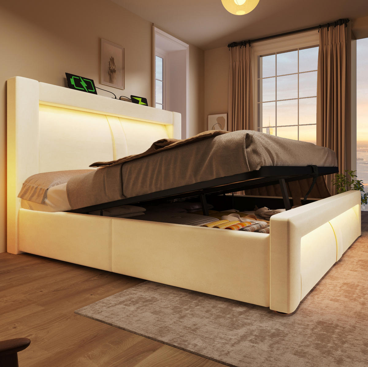 BETT mit Stauraum 140x200 cm Samt Beige mit LED - Beige, Metall (140/200cm) - Meubliv