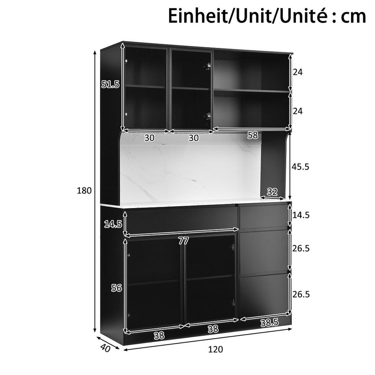 KÜCHENSCHRANK Vitrine Sideboard mit LED-Beleuchtung, Marmoroptik, MDF Schwarz-Weiß, 120/180/40 cm - Schwarz, Kunststoff (40/180/120cm) - Rolipo