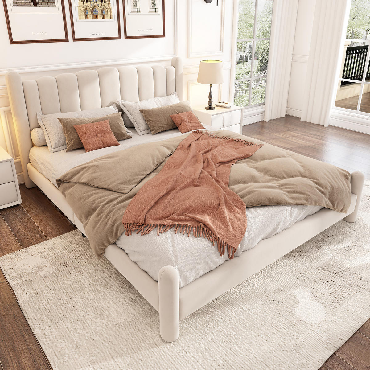 POLSTERBETT 180/200 cm beige aus Samt mit Lattenrost und Wellenkopfteil - Beige, Textil (180/200cm) - OKWISH