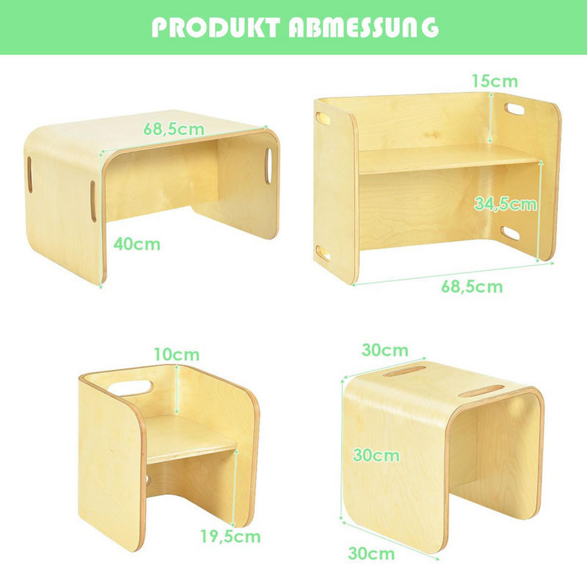 KINDERTISCH‑SET aus Birkenholz natur(3-tlg) - Naturfarben, Holz (66/51/41cm) - COSTWAY