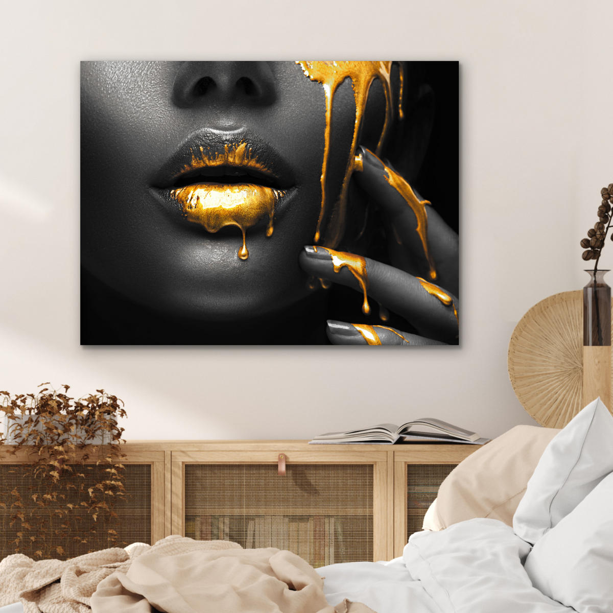 METALLBILD Frau - Schwarz - Gold - Gesicht - Lippen 80x60 cm - Goldfarben, Metall (80/60cm) - MuchoWow