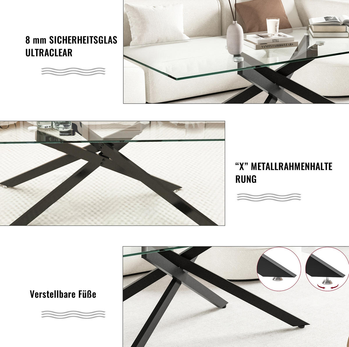 COUCHTISCH 120/60/46 cm aus Glas und Metall in Schwarz - Schwarz, Glas (120/60/46cm) - Flora Grace