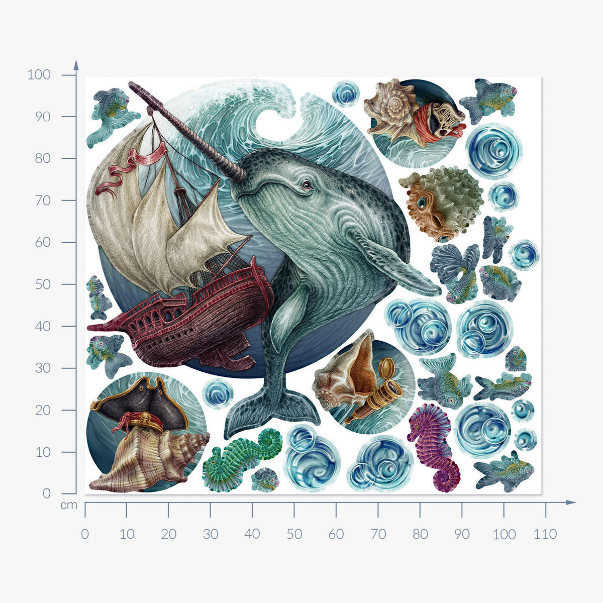 WANDAUFKLEBER 100x109cm - Meerestiere - Multicolor, Kunststoff (100/109/0.1cm) - Wallfluent