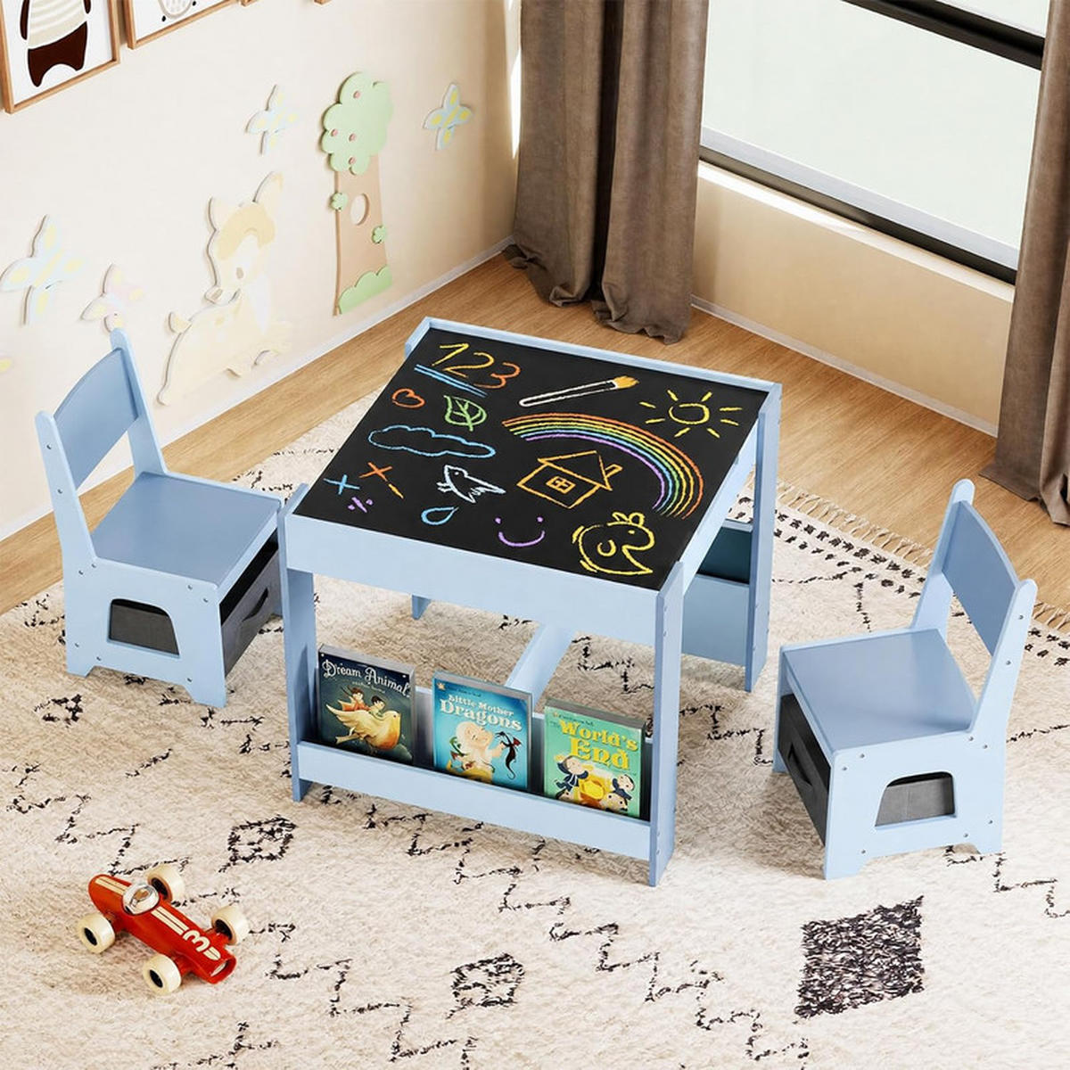 KINDERTISCH mit Stuhl blau(3-tlg) - Blau, Holzwerkstoff (62/56.5/62cm) - COSTWAY