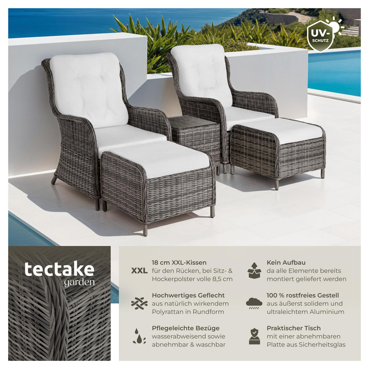 RATTAN SITZGRUPPE Benissa,mit Sicherheitsglasplatte,grau - Weiß/Grau, Kunststoff - tectake