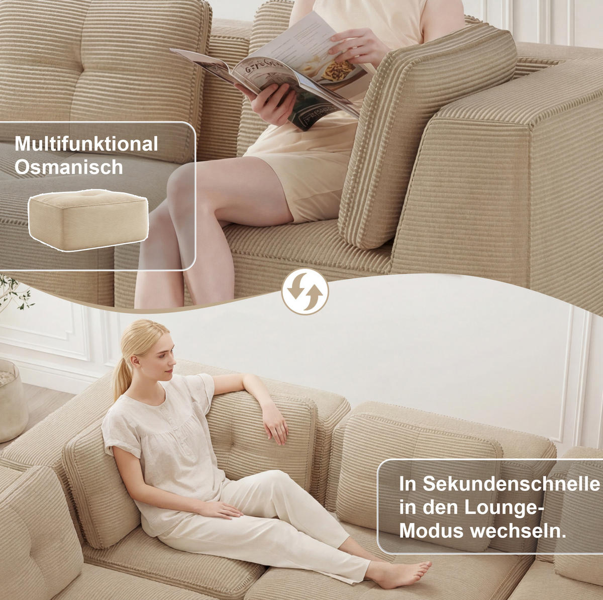 ECKSOFA 386/177/69 cm Beige aus Cord mit modularem Design und rutschfestem Standfuß - Beige, Textil (177/386cm) - OKWISH