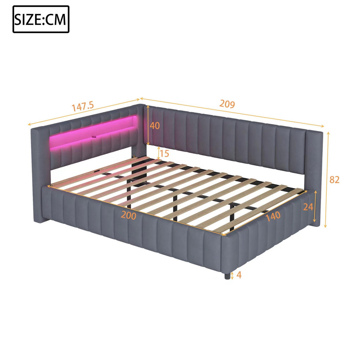 POLSTERBETT mit LED-Beleuchtung 140/200 cm in Grau mit Samtbezug und USB - Grau, Textil (140/200cm) - BEAOK