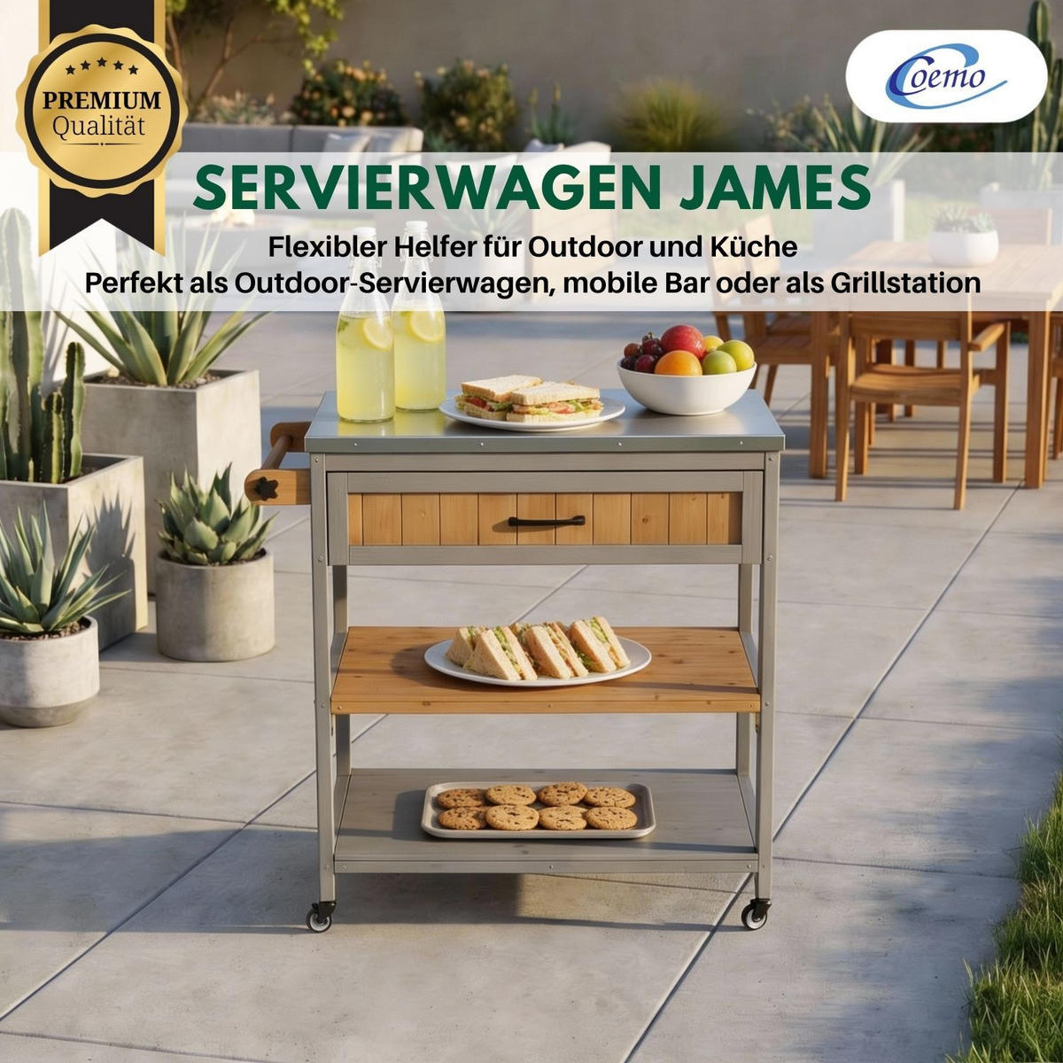 SERVIERWAGEN JAMES mit Rollen Outdoor 82/53/92 cm Farbe Grau - Grau, Holz (53/92/82cm) - Coemo