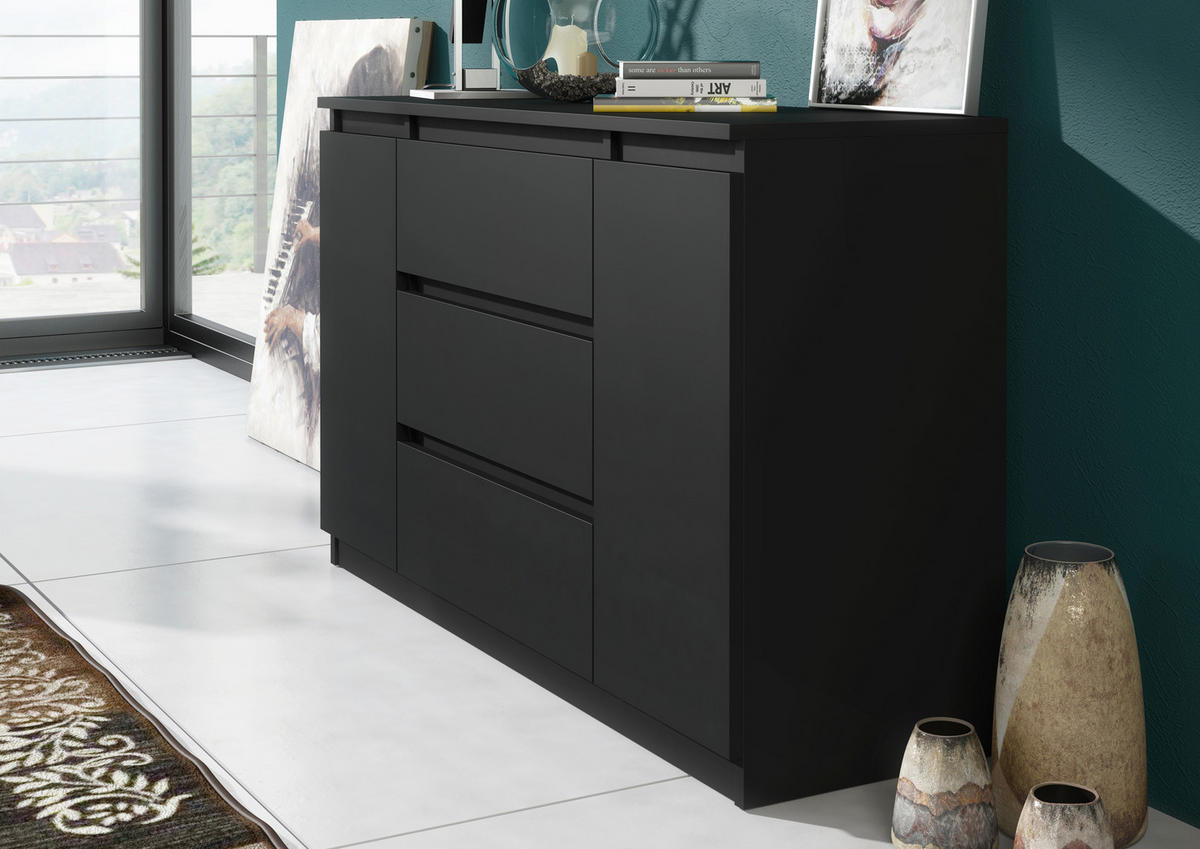 KOMMODE NUDO 138,5/78,2/39cm mit 3 Schubladen 2 Türen Schwarz - Schwarz, Holzwerkstoff (138.5/78.2/39cm) - MASSENO