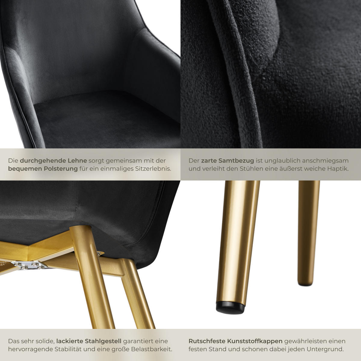 ESSZIMMERSTUHL 2er Set Marilyn 58 x 62 x 82 cm schwarz/gold - Goldfarben/Schwarz, Textil (58/82/62cm) - tectake