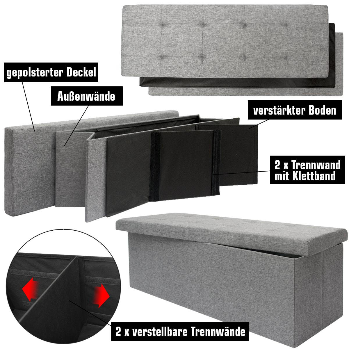 SITZBANK Faltbar, 110/38/38 cm, mit 2 Trennwänden, 120 Liter, Grau - Grau, Textil (38/38/110cm) - Dunedesign