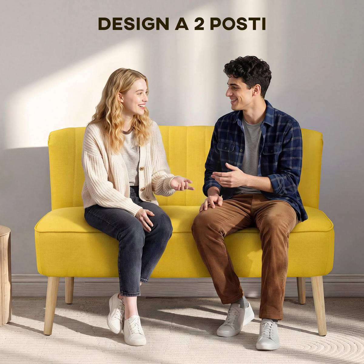 SOFA, 2-Sitzer, Leinenoptik, ohne Armlehnen, Holzbeine, gelb, 117x56,5x77cm - Multicolor, Holzwerkstoff (117/77/56.5cm) - FORIOUS