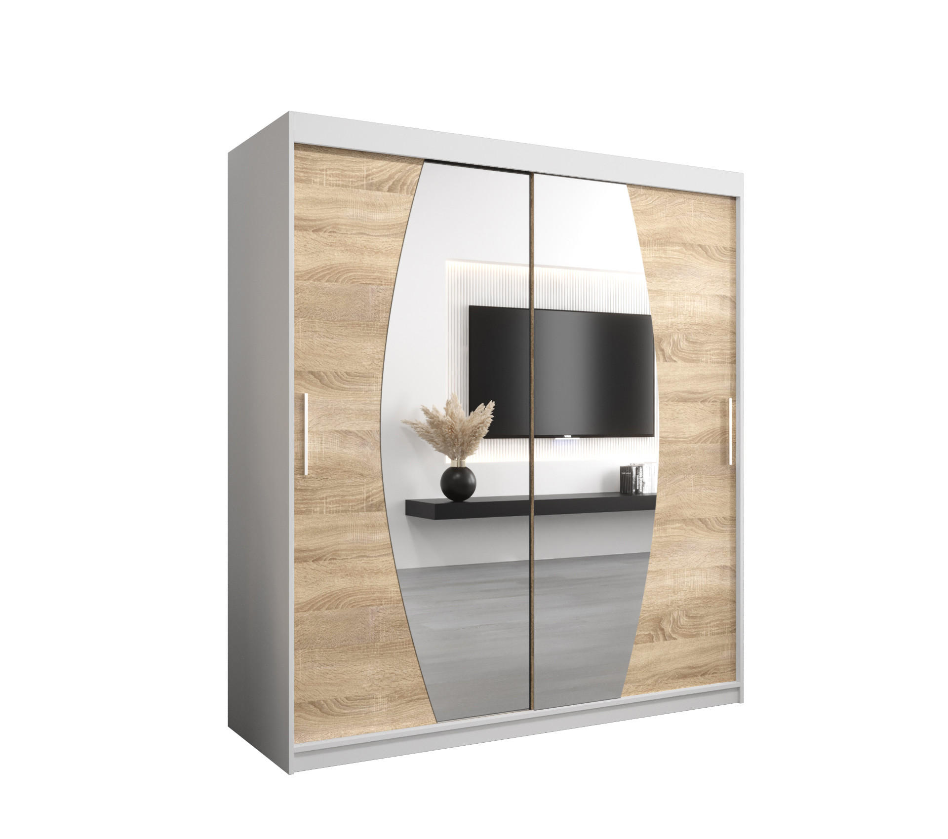 Abiks Möbel Schwebetürenschrank Weiß, Sonoma Eiche 180x200x62 cm