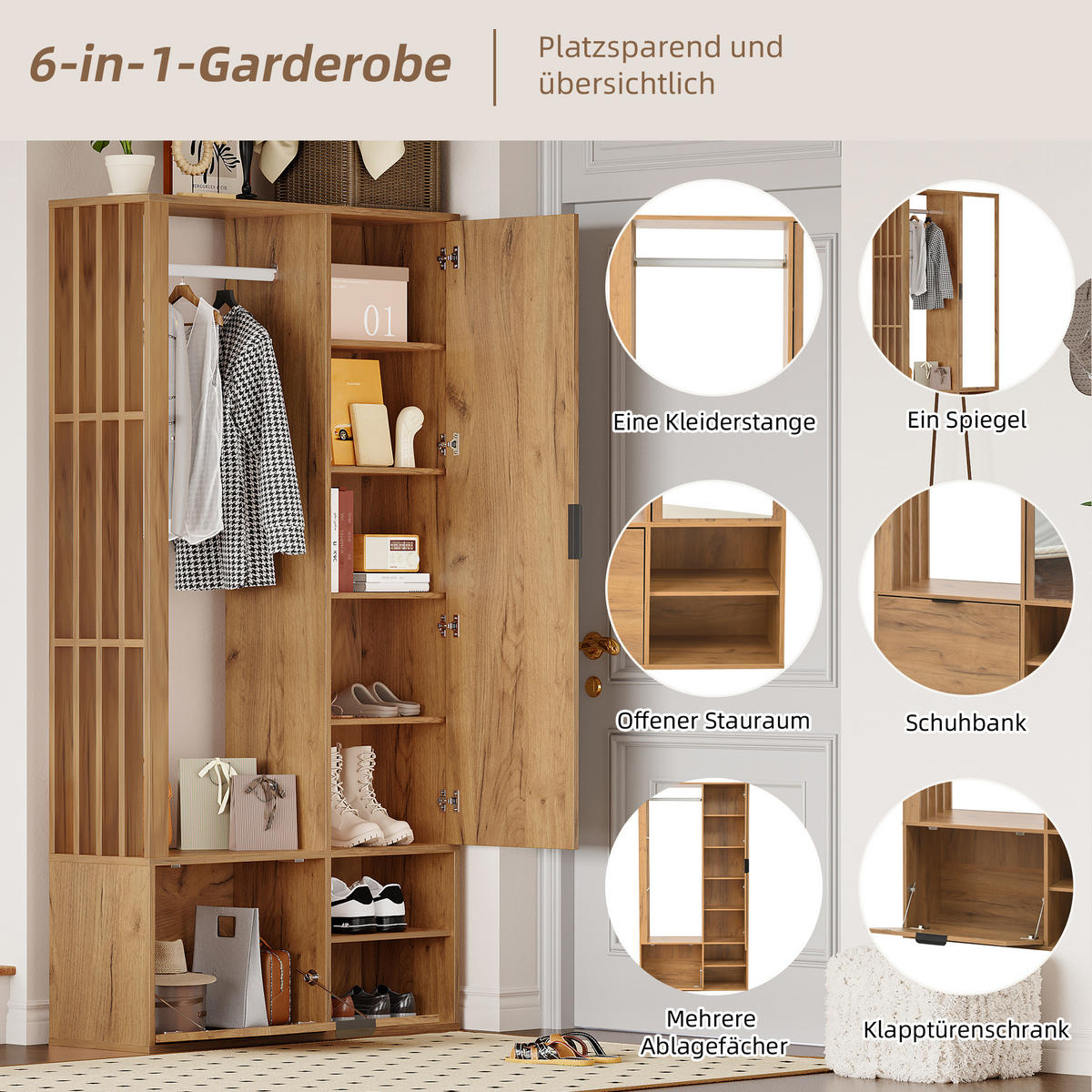 STANDGARDEROBE 100/33/190 cm mit Spiegel und Kleiderstange in Natur - Naturfarben, Holzwerkstoff (33/190/100cm) - BEAOK
