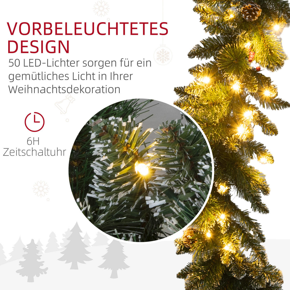 1,8 m künstliche Weihnachtsgirlande mit Lichterkette Blumendekoration Grün - Grün, Kunststoff/Metall (180cm) - HOMCOM