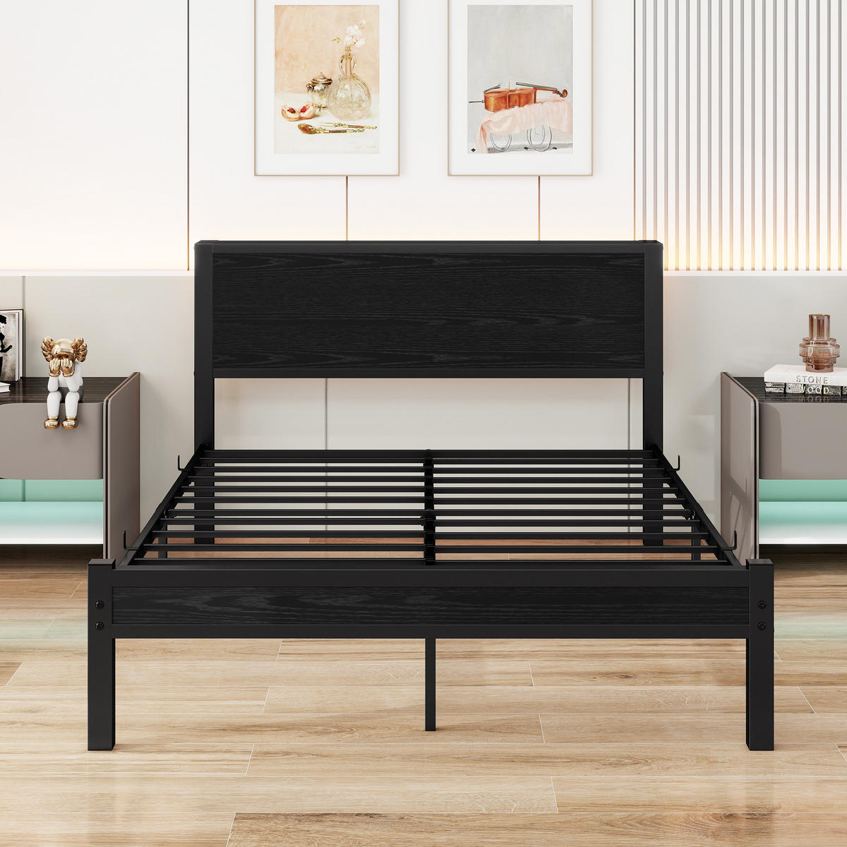 METALLBETT 140x200 cm Stauraum Kopfteil schwarz - Schwarz, Holzwerkstoff (140/200cm) - LEBENLANG