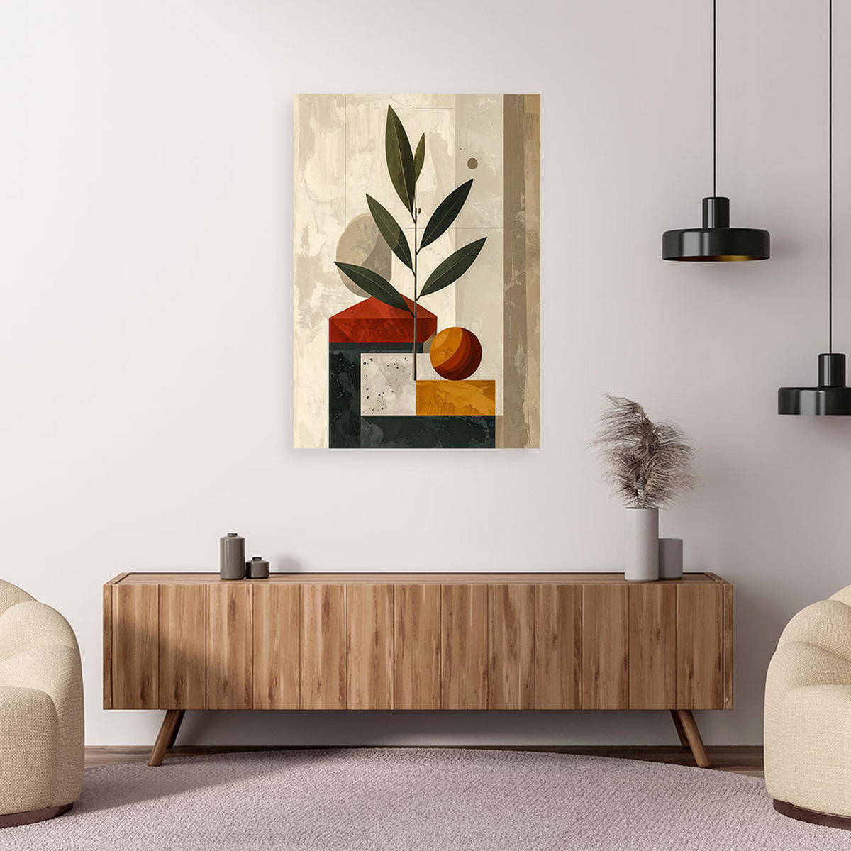 WANDBILD, Eine minimalistische Komposition mit Blättern und geometrischen Formen - Grau, Textil (40/60cm) - Feeby