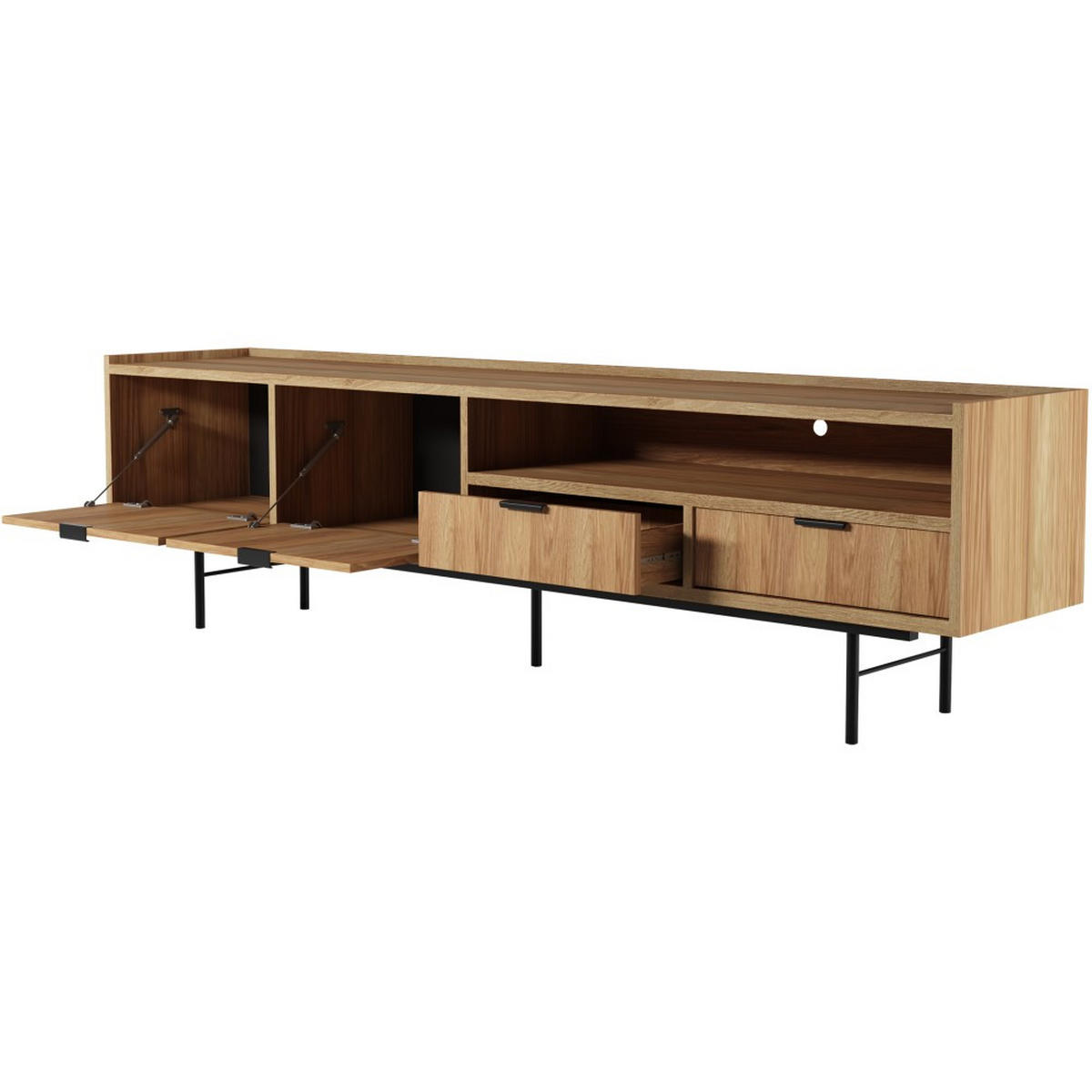 LOWBOARD Evron mit 2 Schubalden und 2 Tür, Walnuss - Eichefarben/Schwarz, Holzwerkstoff/Metall (200/55/40cm) - Beautysofa