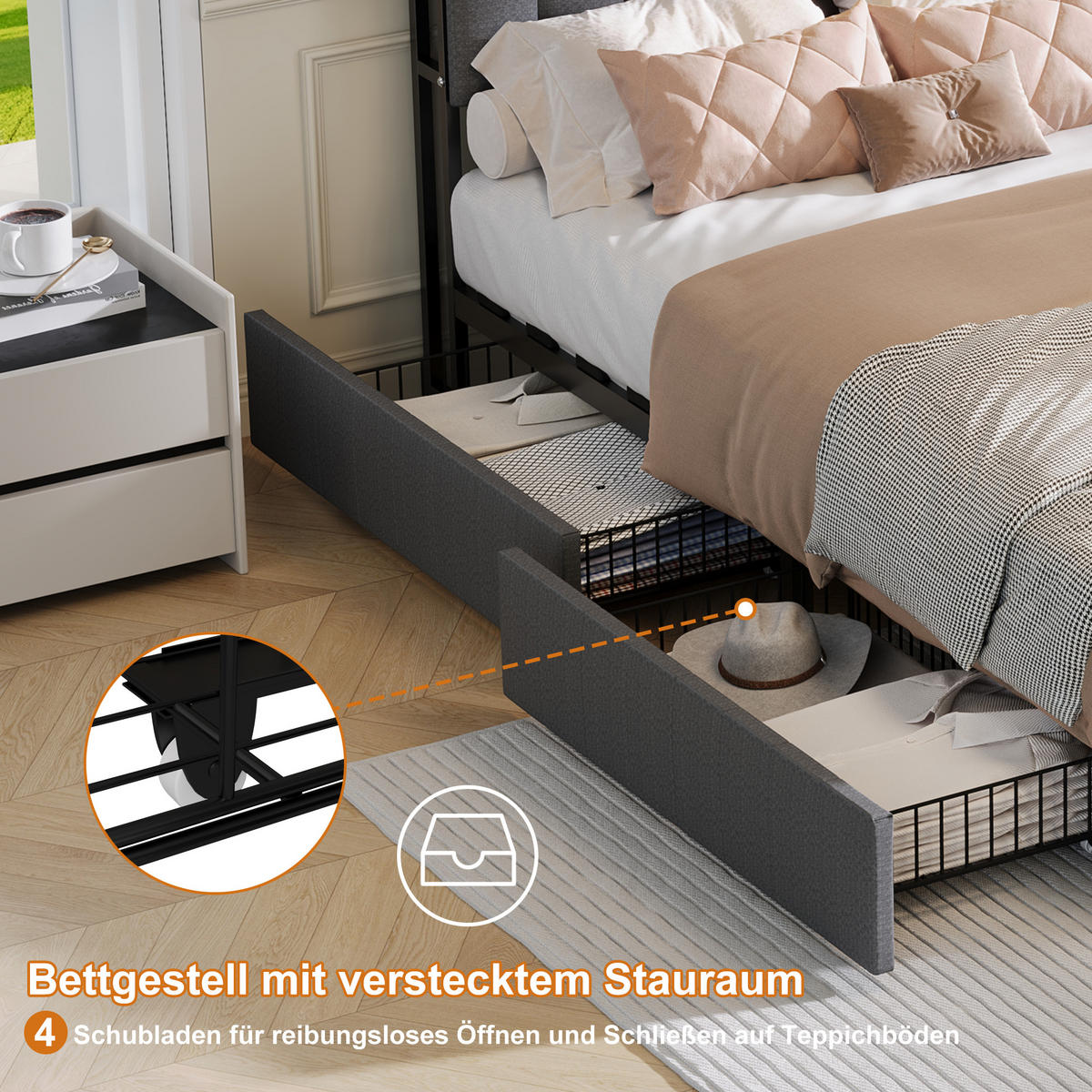 POLSTERBETT 90x200 cm, grau, 2 Schubladen, LED RGB Kopf- & Fußteil, USB/USB-C - Grau, Metall (90/200cm) - EuroLiving