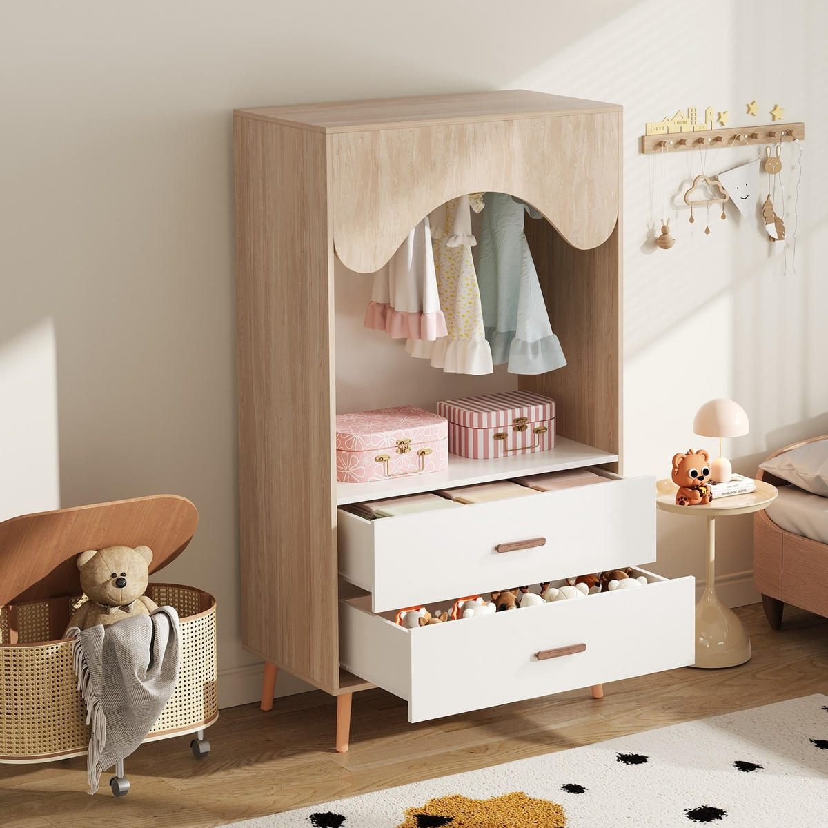 KLEIDERSCHRANK aus MDF 80x46x141,5 cm Natur/Weiß mit Kleiderstange, 2 Schubladen und offenem Stauraum - Weiß, Holzwerkstoff (80/141.5/46cm) - Modfu