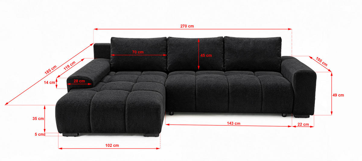 ECKSOFA Ovia mit Bettkasten und Schlaffunktion, Bouclé-Stoff in L-Form - Schwarz, Textil (270/185cm)