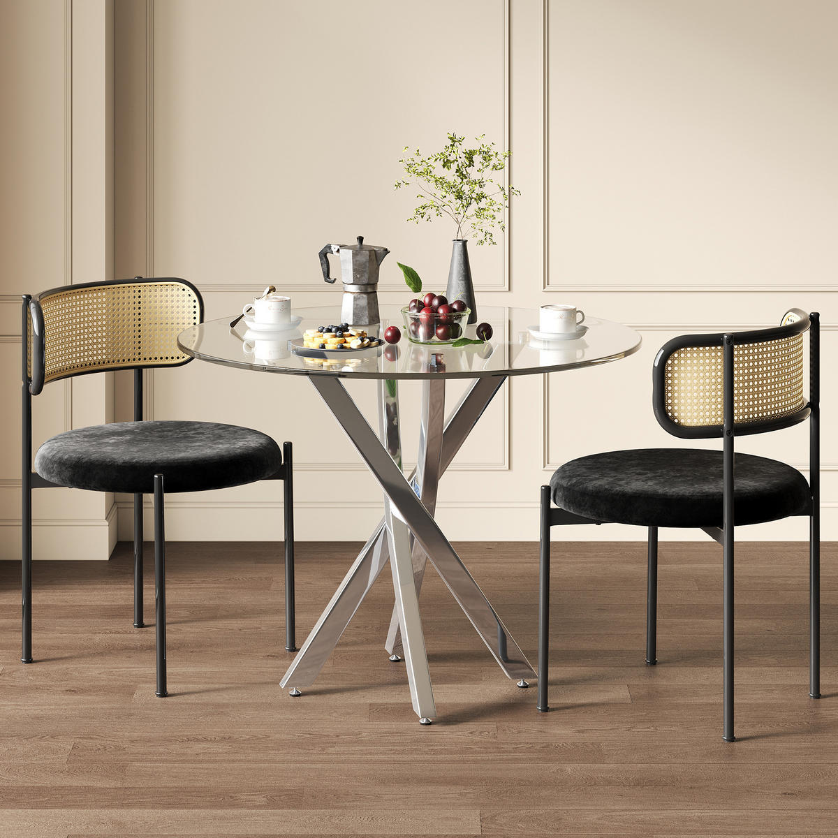 JÍDELNÍ stůl 80/80/75 cm s deskou z tvrzeného skla a křížovou kovovou podnoží, Stříbrná - stříbrná, sklo (80/80/75cm) - Redom