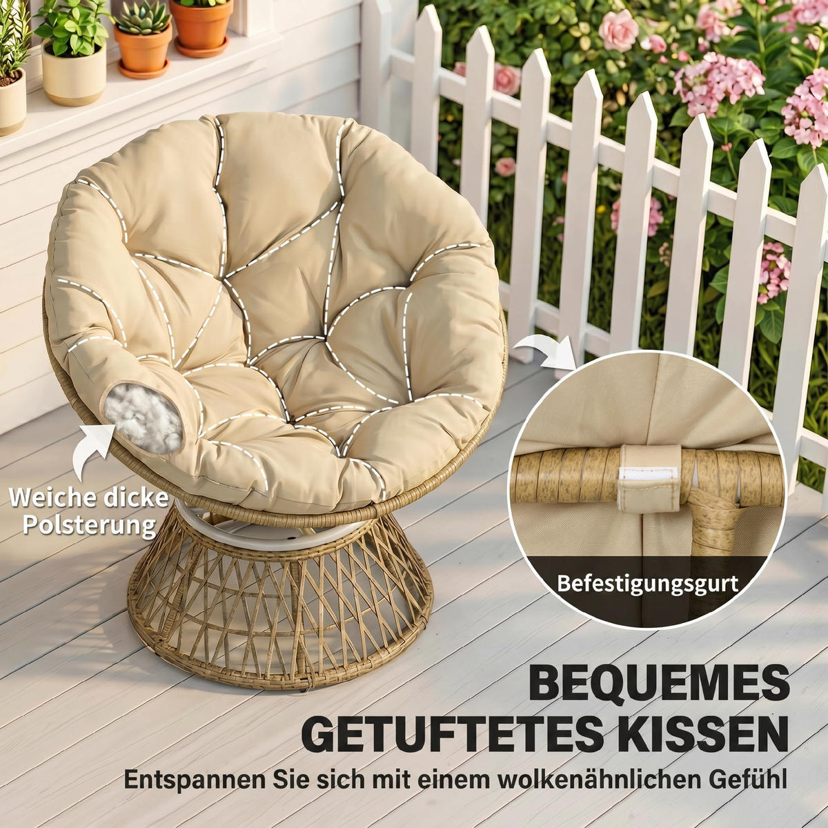 PAPASANSESSEL mit Polster 360 Grad Verstellbare Fußstütze 85 x 70 x 82 cm Khaki - Braun, Kunststoff (85/82/70cm) - Outsunny