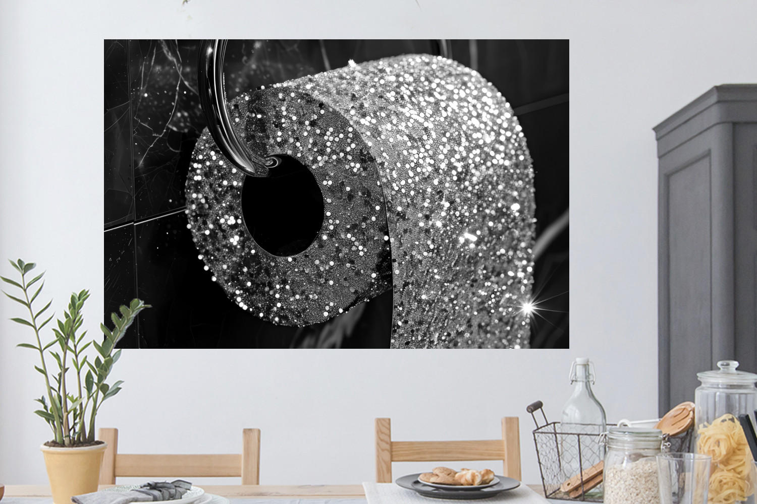 WANDTATTOO WC - Toilettenpapier - Schwarz und weiß - Glitter 120x80 cm - Silberfarben, Kunststoff (120/80/0.1cm) - MuchoWow