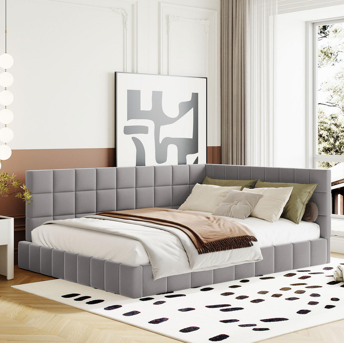 DENNÁ posteľ z čalúneného textilu 140x200 cm sivá s roštom, opierkou chrbta a výmennou bočnicou - sivá, koža (140/200cm) - Modfu