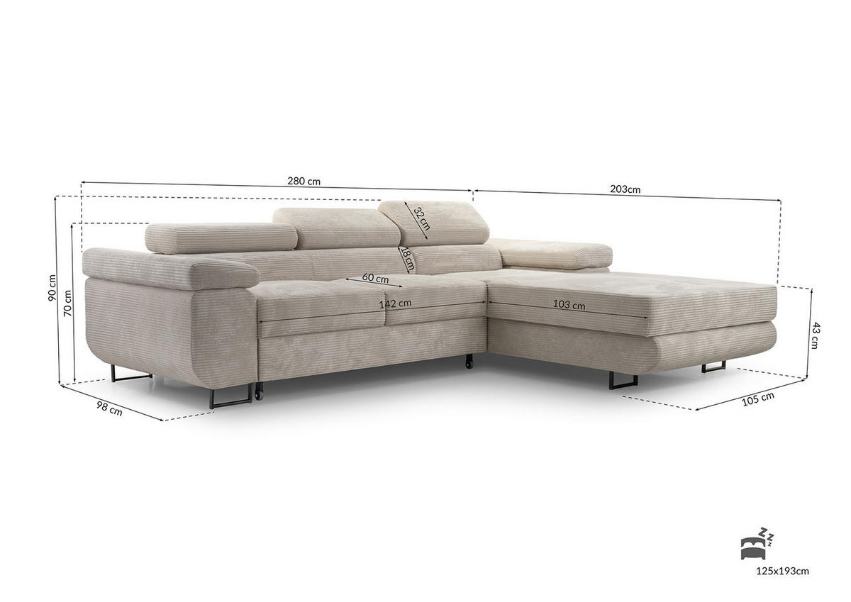 ECKSOFA NOLA Anthrazit L - Rechts Cord - Anthrazit/Schwarz, Textil/Metall (280/203cm) - Luxkor24