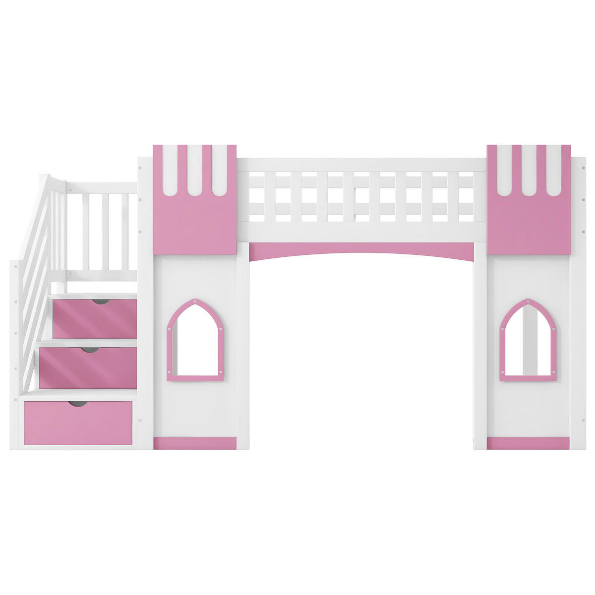 HOCHBETT 90/200 cm DE-03370, mit Stauraumtreppe und Fenster, in Weiß/Rosa - Rosa, Holzwerkstoff (90/200cm) - ComfortXL