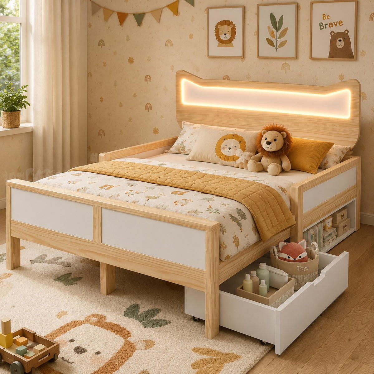 KINDERBETT 140/200 mit LED, Schublade und Staufach in Weiß und Eiche - Naturfarben/Weiß, Holzwerkstoff (140/200cm) - EVRYAE