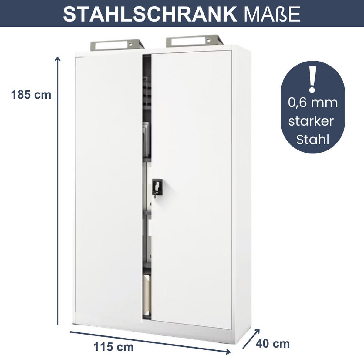 AKTENSCHRANK abschließbar KADO mit Flügeltüren 185x115x40cm Weiß - Weiß, Metall (115/185/40cm) - DELUKE