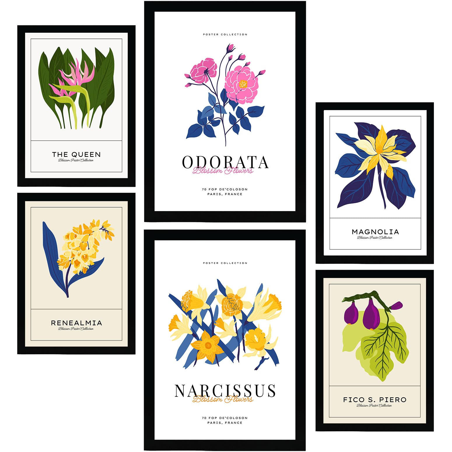 POSTER Set Mit 6 Blumen Narzissen Natur Und Botanikdrucke Für Innenarchitektur A3 & A4 Schwarzer Rahmen - Schwarz, Papier (29/3cm) - Nacnic