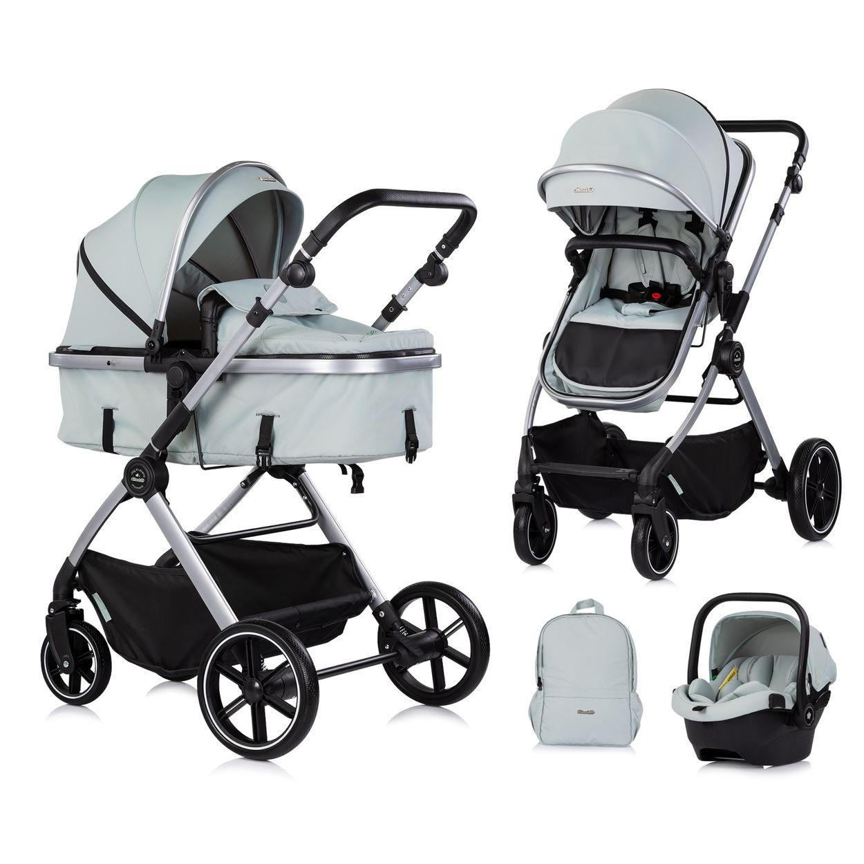 KOMBIKINDERWAGEN Pearl 3 in 1 grün EVA-Material, 5-Punkt-Gurt, 3-Punkt-Gurt, Babyschale, Sportsitz - Grün, Metall (75/65/104cm) - Chipolino