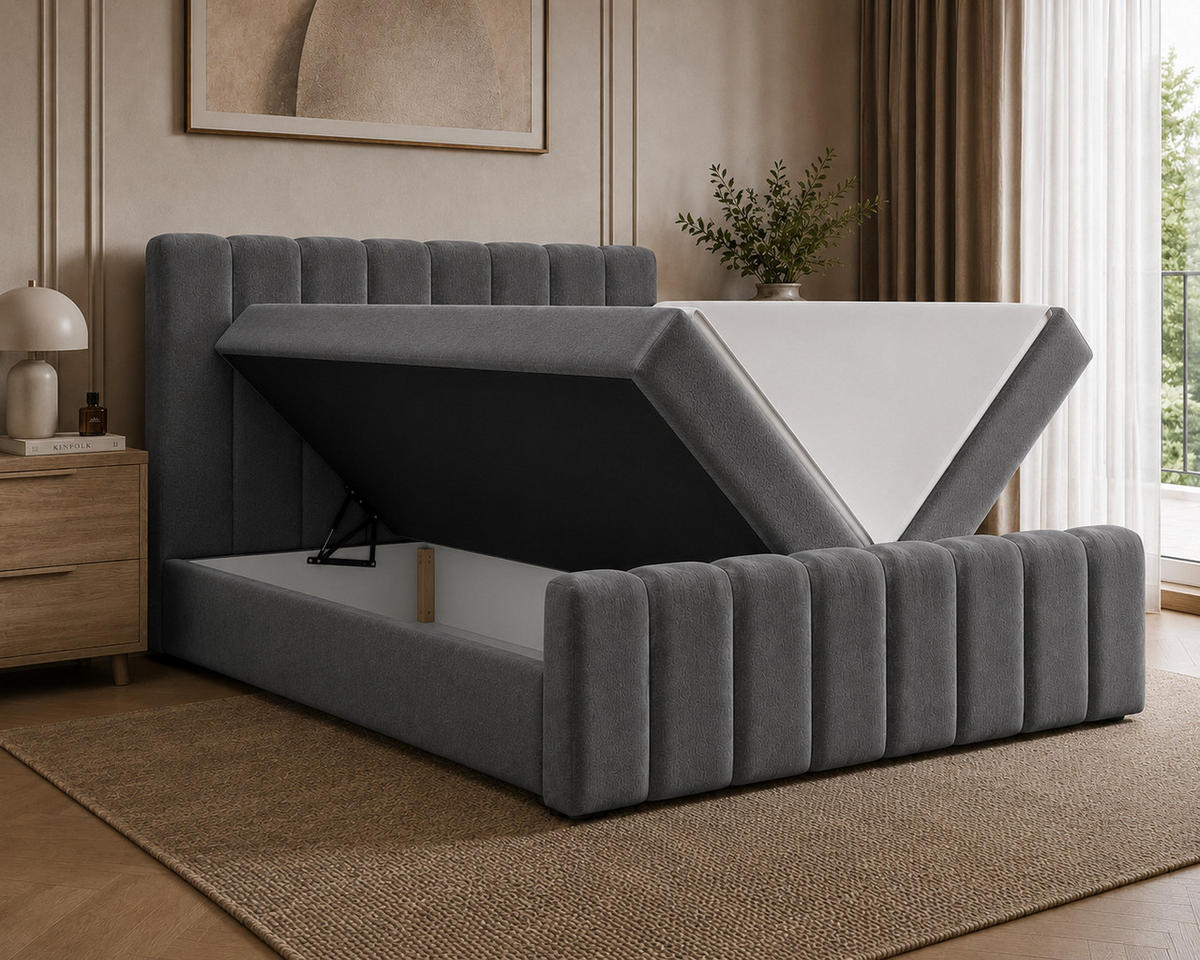 BOXBETT 01 BIS 160 x 200 cm - Vibe - Modernes Polsterbett mit Bettkasten inkl. PU-Schaum-Topper und Federmechanismus - Grau, Holz (160/200cm) - ROYAL24_MARKT