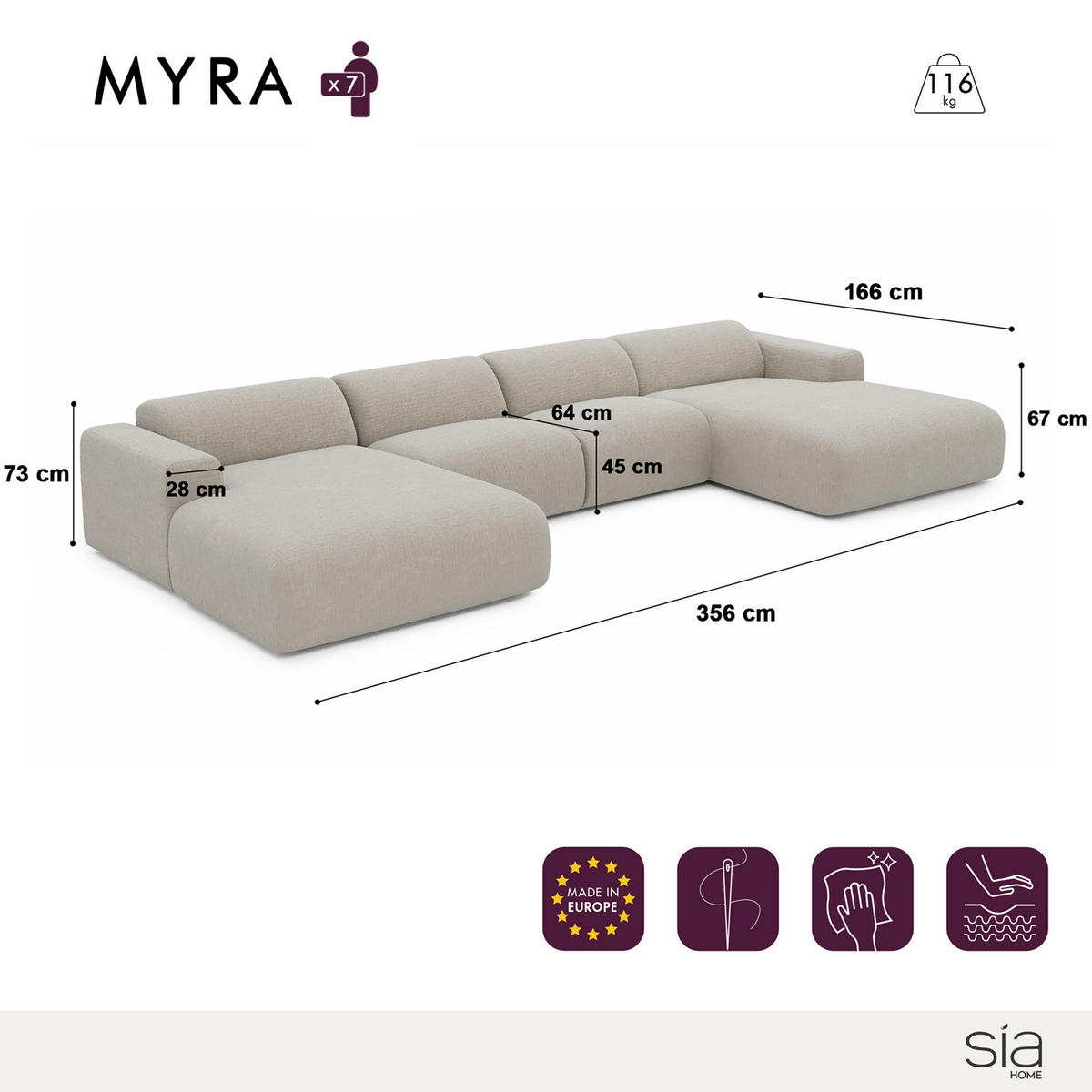 WOHNLANDSCHAFT Texturierter Samt Beige 356cm - Beige, Textil (356/73/166cm) - Sia Home