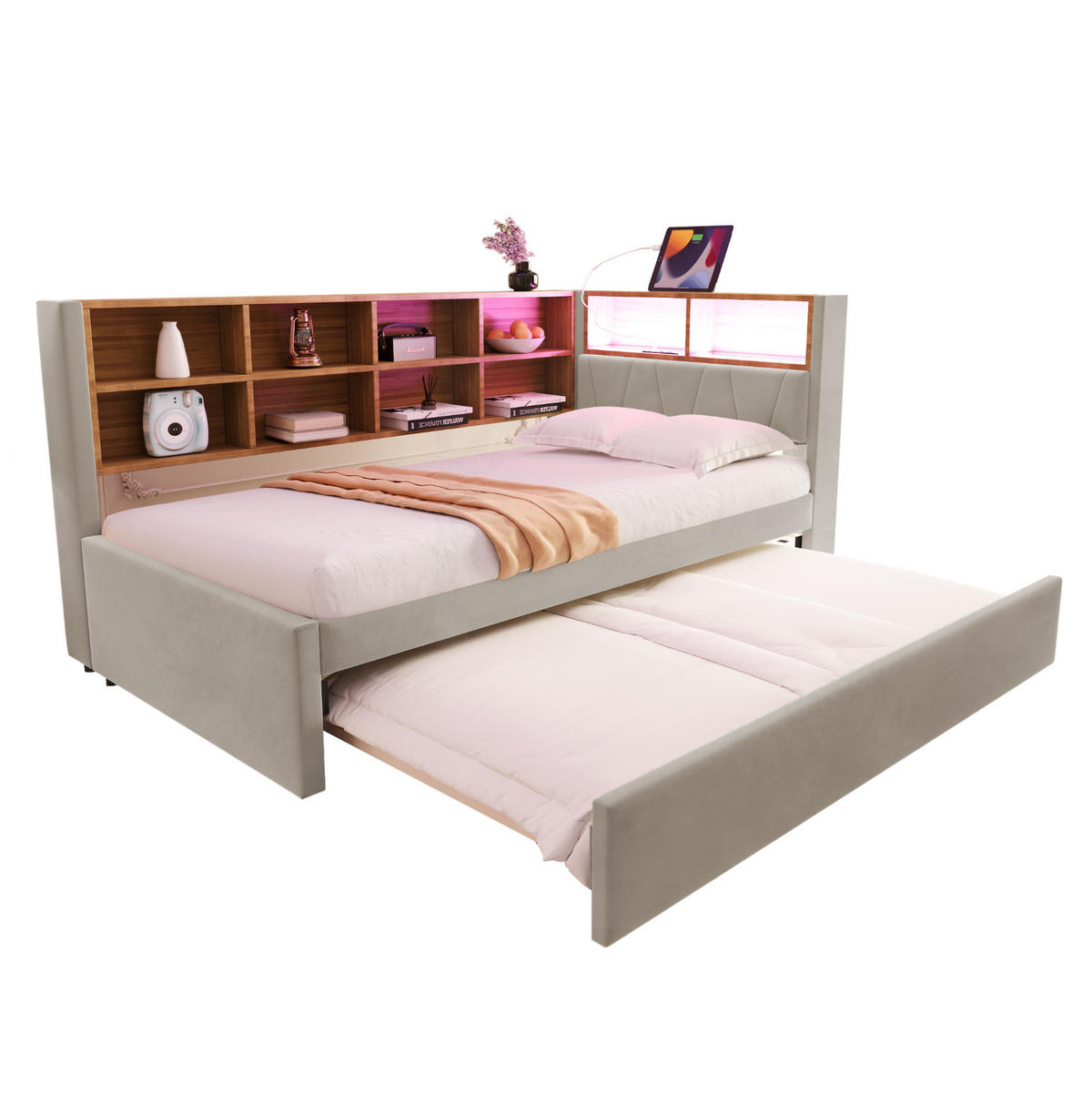 POLSTERBETT 90/200 cm Hellgrau aus Flanell mit Ausziehbett und LED-Beleuchtung - Hellgrau, Textil (90/200cm) - OKMYHOME