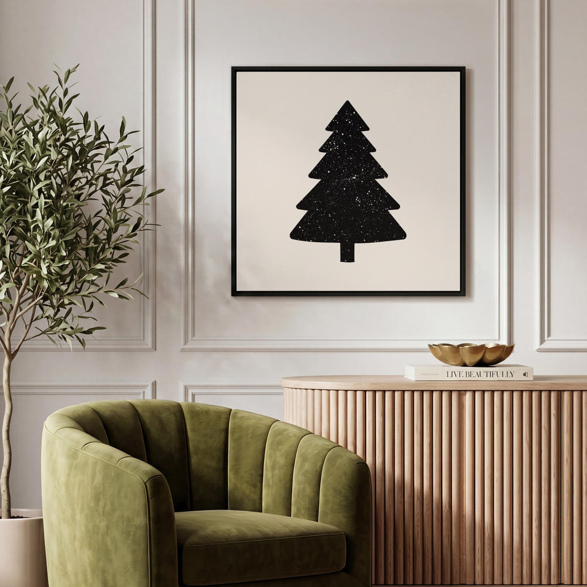 LEINWAND Bilder mit Rahmen - Weihnachtsbaum - Schwarz - Urlaub - Beige - 50x50 - Schwarz, Textil (50/50cm) - MuchoWow