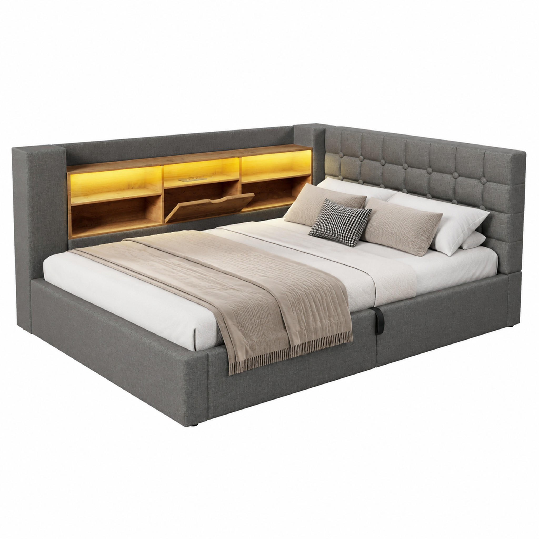 BETT mit LED und Stauraum 140x200 cm Leinen Grau inkl. Matratze - Grau, Metall (140/200cm) - Meubliv