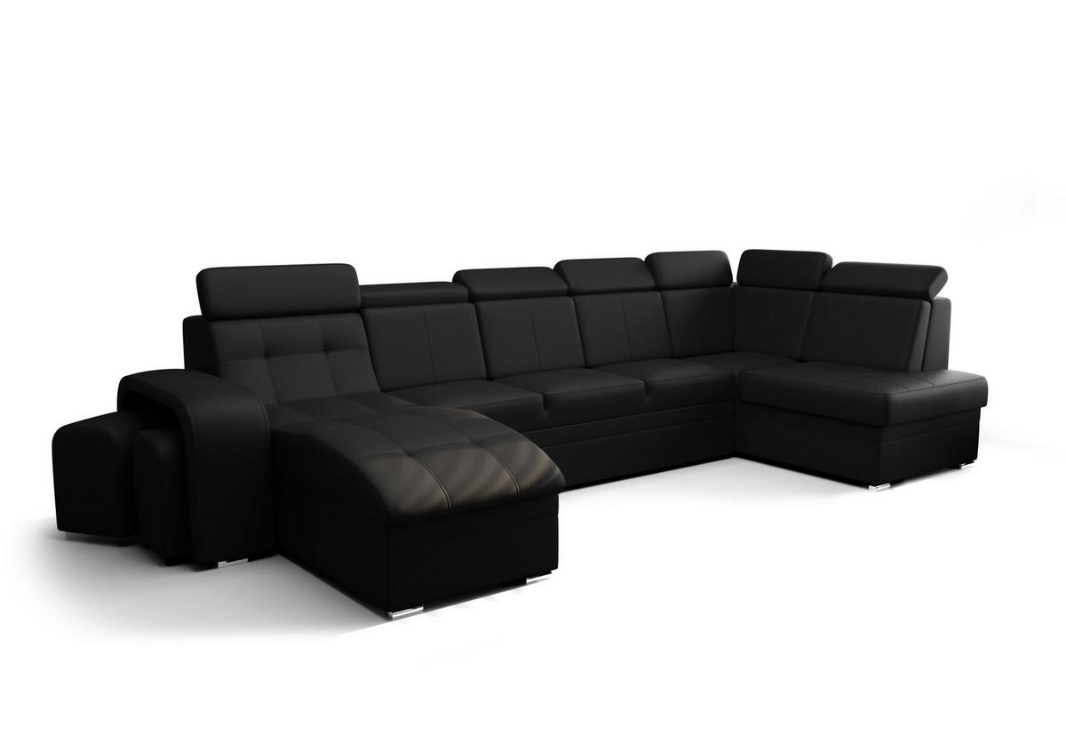 WOHNLANDSCHAFT KONGO RBN13, Eckcouch in U-Form mit Schlaffunktion, Farbe: Schwarz, Kunstleder, Ottomane Links - Schwarz, Textil (392/108/180cm) - O-Sofa